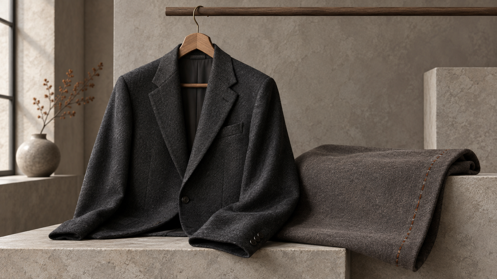 Illustrative charcoal tailored jacket on a wooden hanger beside folded warm-gray fabric with rust stitching
